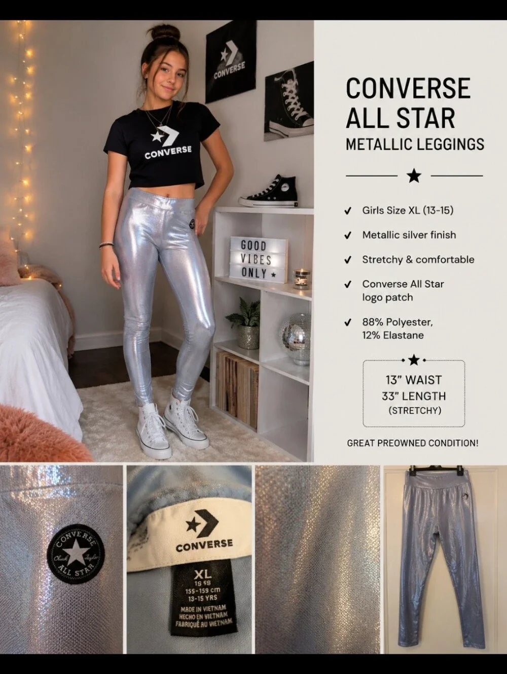 Converse All Star Metallic Silver Leggings Girls XL Shiny Stretch Pants